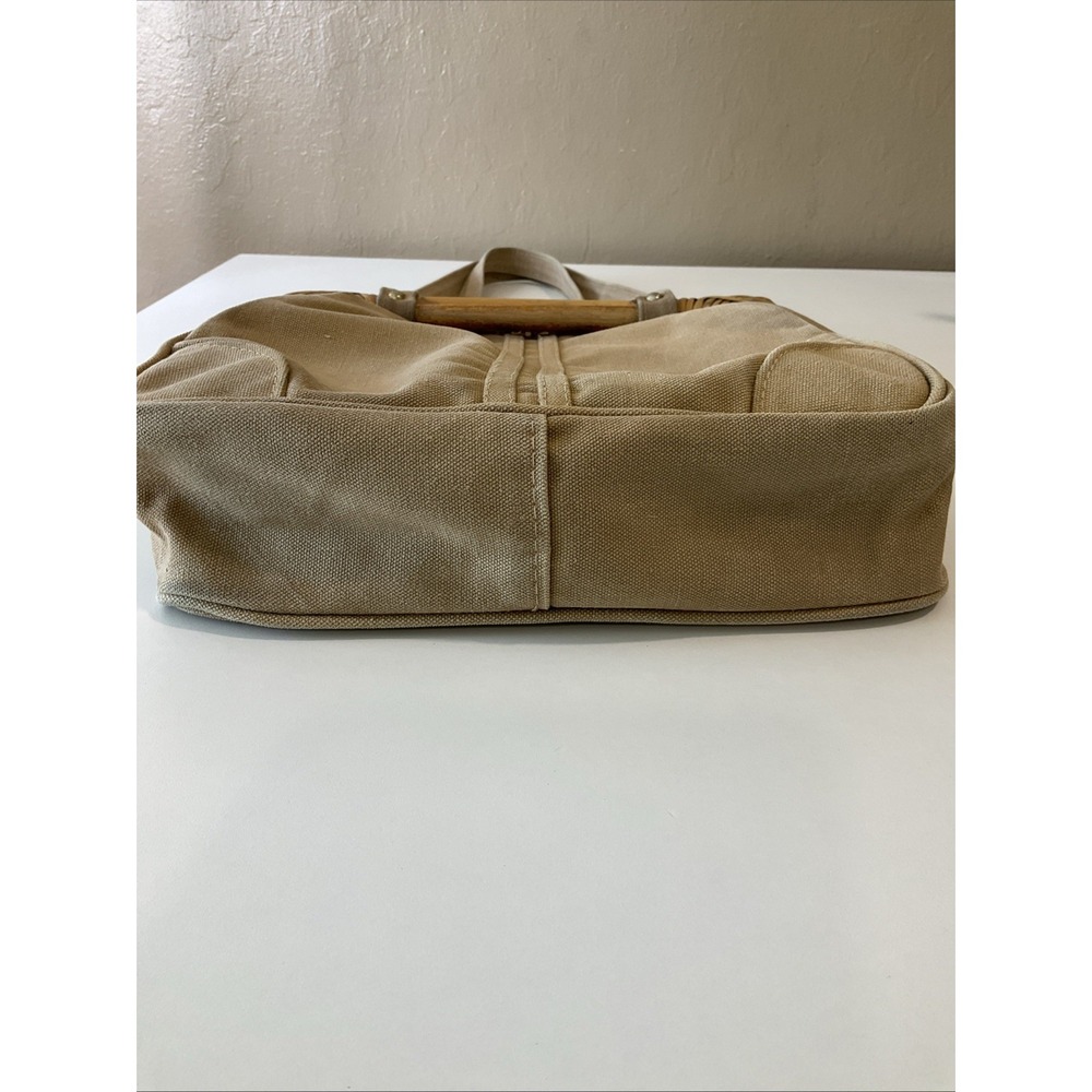 Vintage Rattan Handle Tan Canvas Satchel Purse Attached Coin Purse Boho Retro‎ - Picture 7 of 13